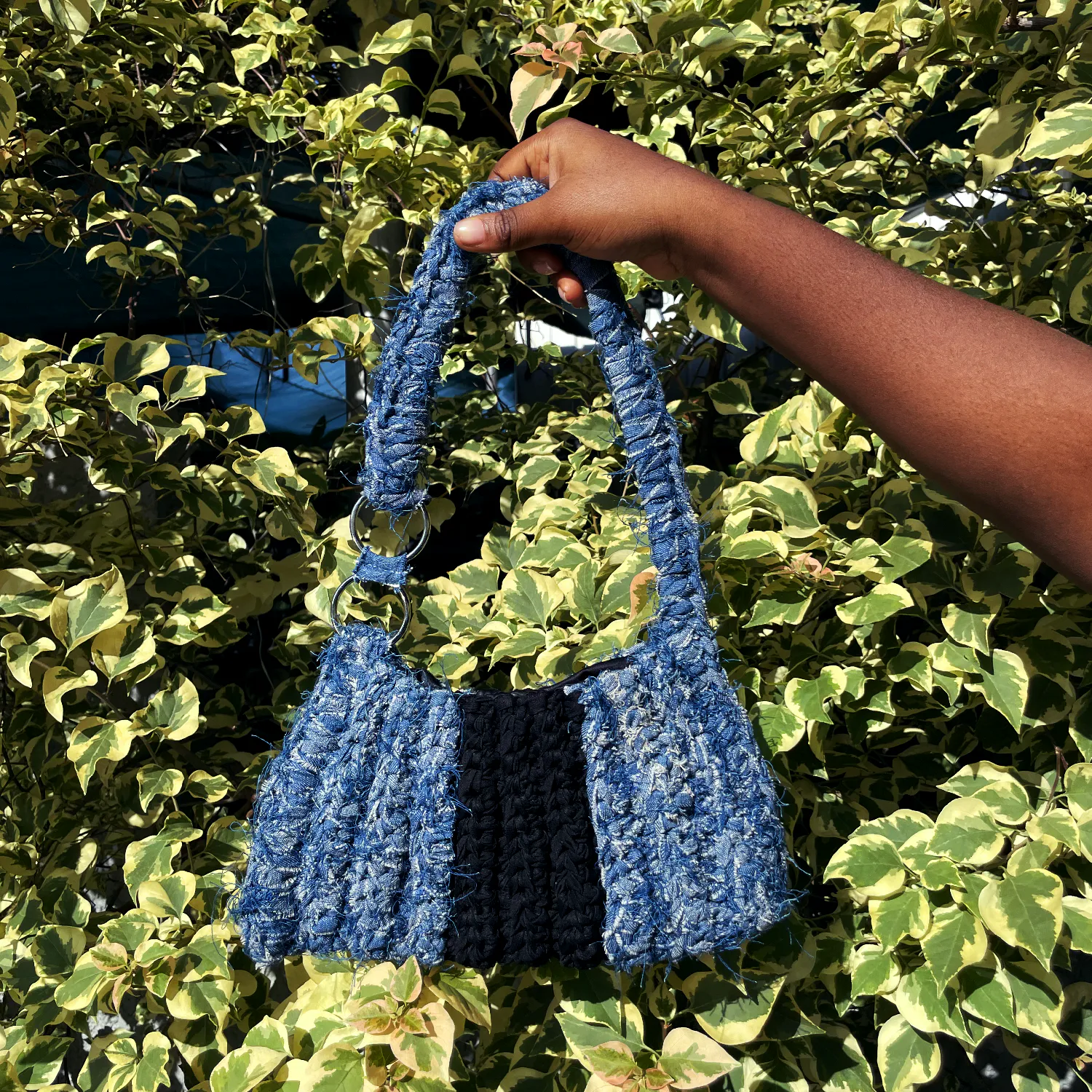 ALT Black - Denim Distressed Crochet Shoulder Bag